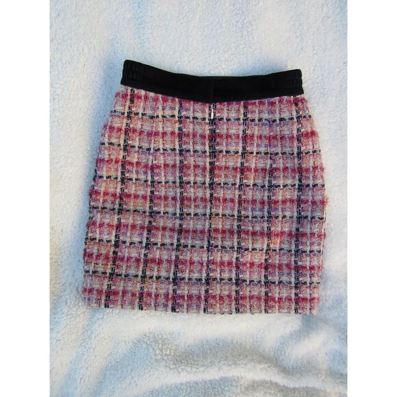 Tweed Plaid Mini Skirt Bright Multicolor Embellished Womens Size 36 Silk Blend - Picture 16 of 16
